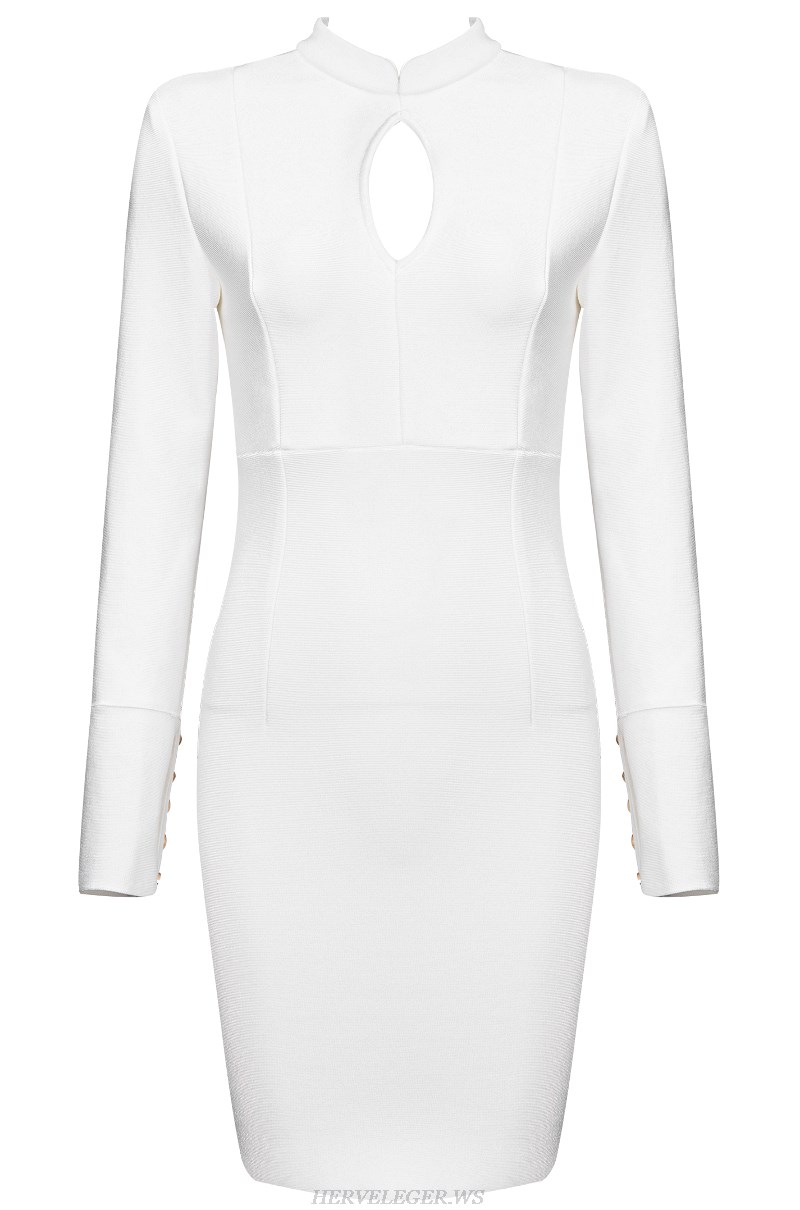Herve Leger White Long Sleeve Mandarin Collar Bandage Dress