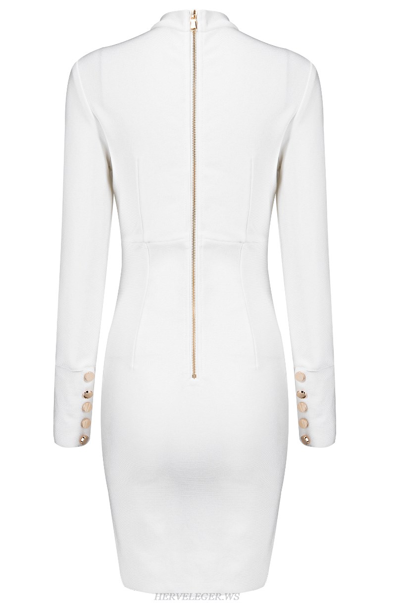 Herve Leger White Long Sleeve Mandarin Collar Bandage Dress