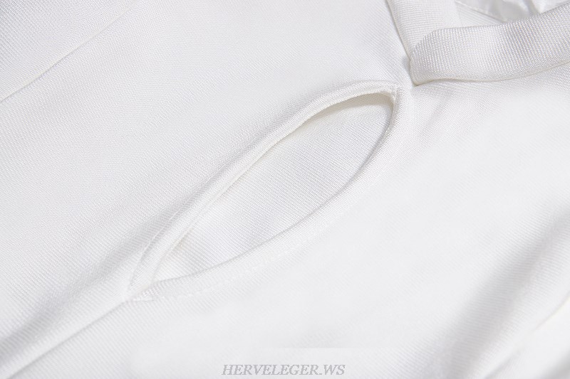 Herve Leger White Long Sleeve Mandarin Collar Bandage Dress
