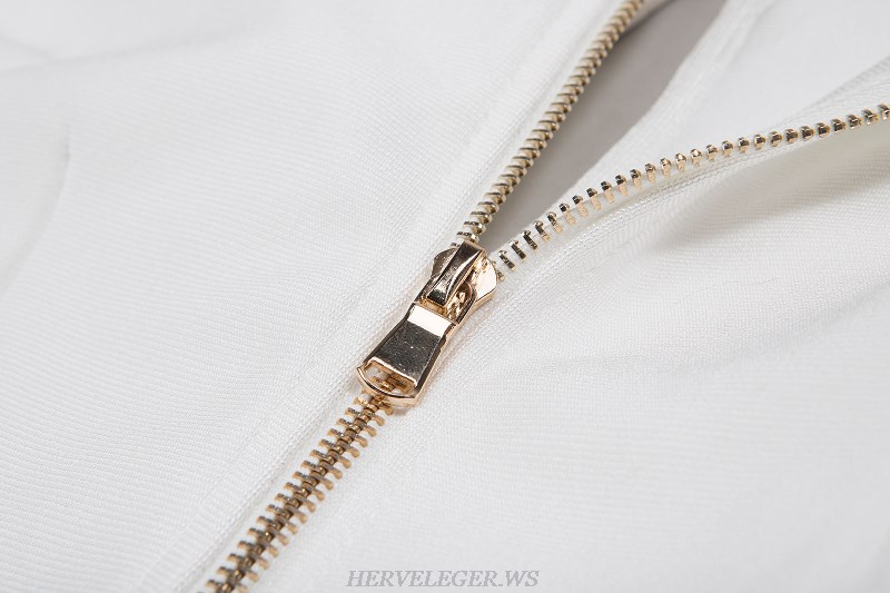 Herve Leger White Long Sleeve Mandarin Collar Bandage Dress