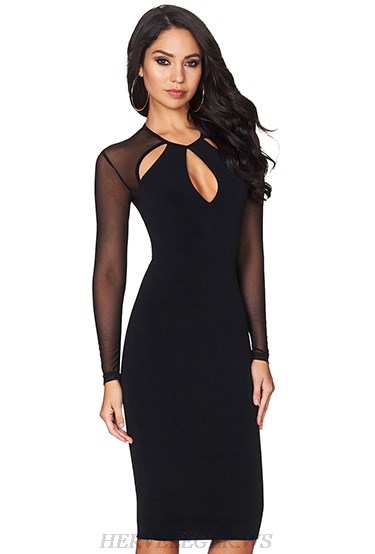 Herve Leger Black Long Sleeve Mesh Bandage Dress