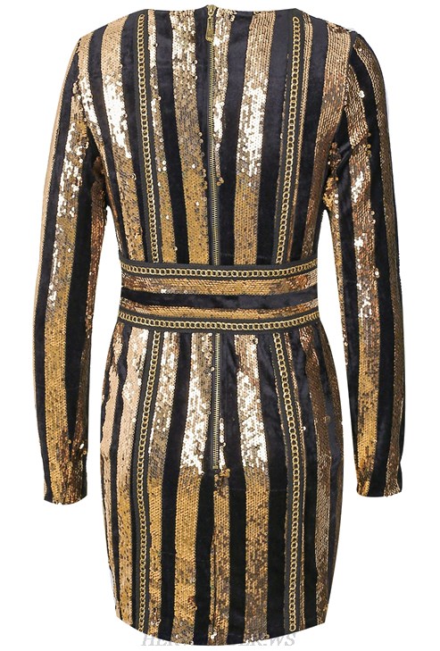 Herve Leger Gold Long Sleeve Sequin Corset Detail Dress
