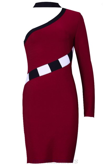 Herve Leger Burgundy One Sleeve Choker Bandage Dress