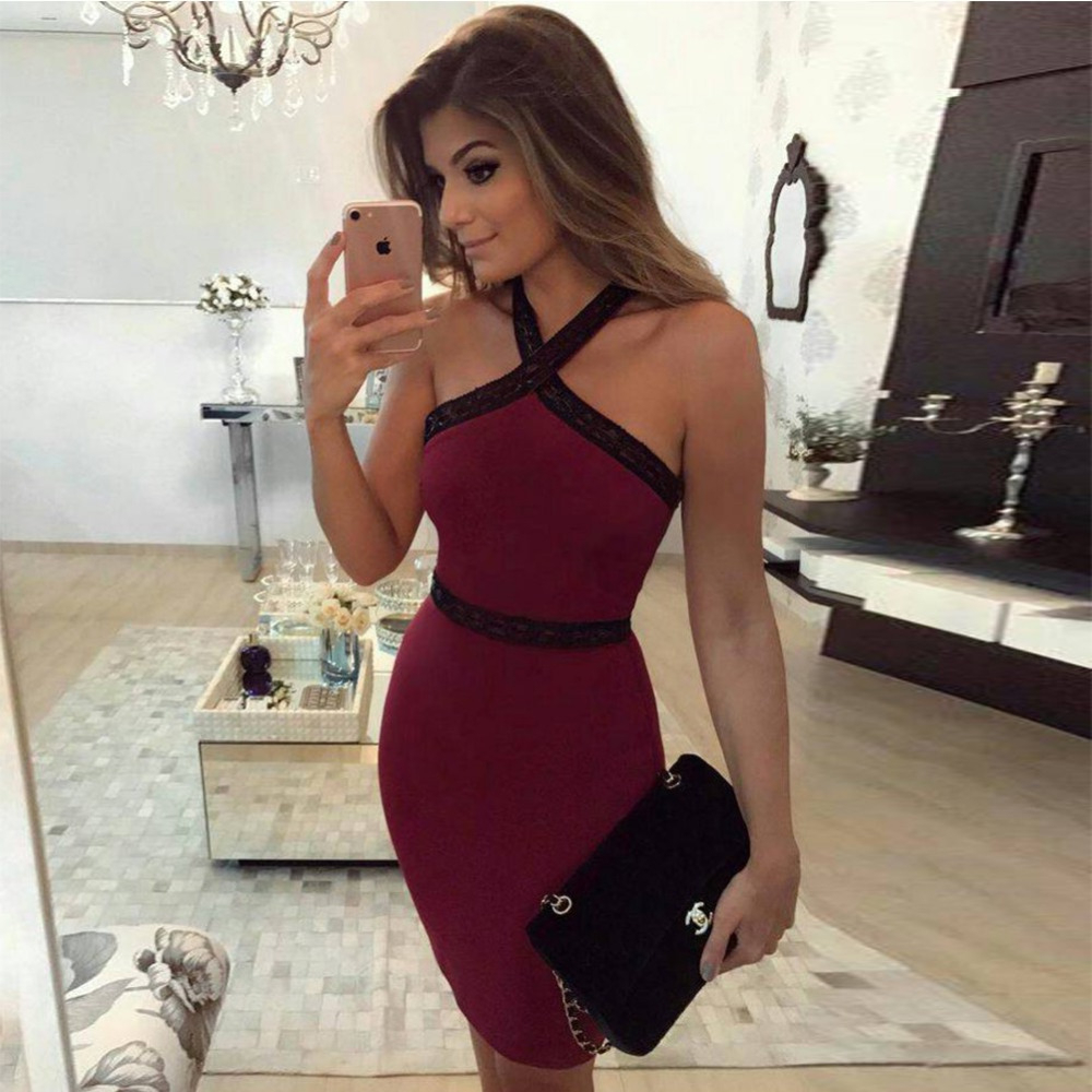 Herve Leger Burgundy Black Halter Lace Dress