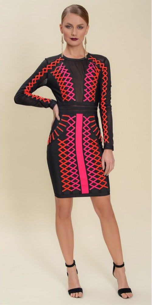 Herve Leger Black Pink Red Long Sleeve Lace Up Dress