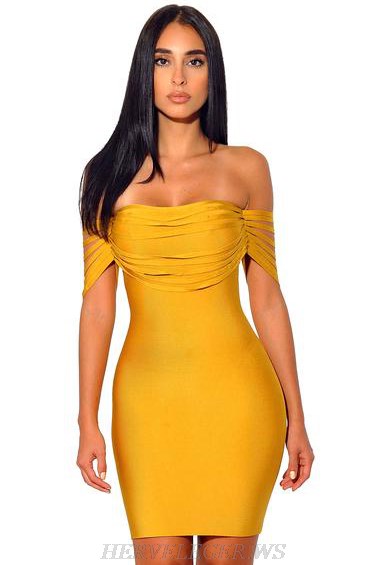 Herve Leger Yellow Bardot Cut Out Detail Strapless Dress