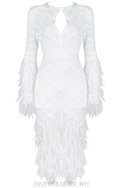 Herve Leger White Feather Long Sleeve Mesh Dress