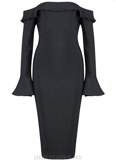 Herve Leger Black Fluted Long Sleeve Bardot Strapless Dress