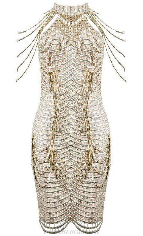 Herve Leger White Gold Halter Chain Embellished Crochet Dress