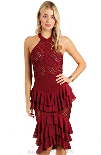 Herve Leger Burgundy Halter Ruffle Dress