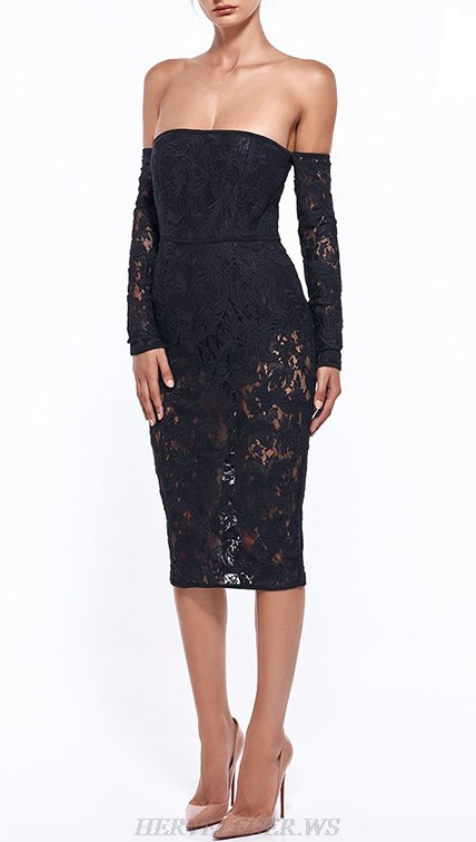 Herve Leger Black Long Sleeve Bardot Lace Strapless Dress