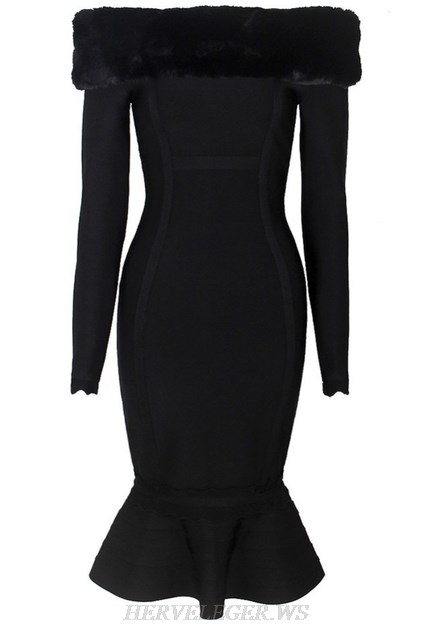 Herve Leger Black Long Sleeve Faux Fur Bardot Fluted Strapless Dress