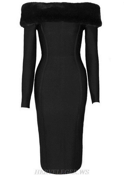 Herve Leger Black Long Sleeve Faux Fur Bardot Strapless Dress