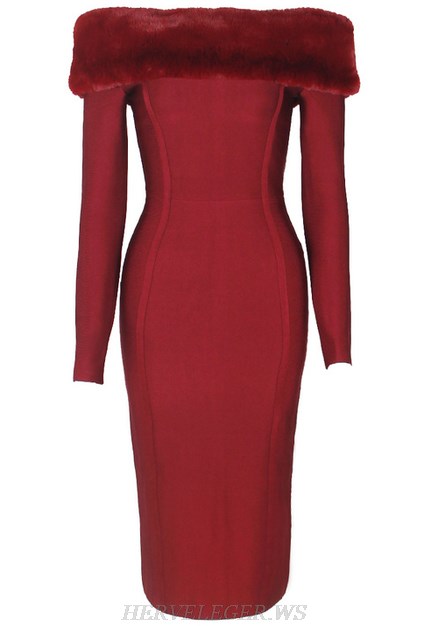Herve Leger Red Long Sleeve Faux Fur Bardot Strapless Dress