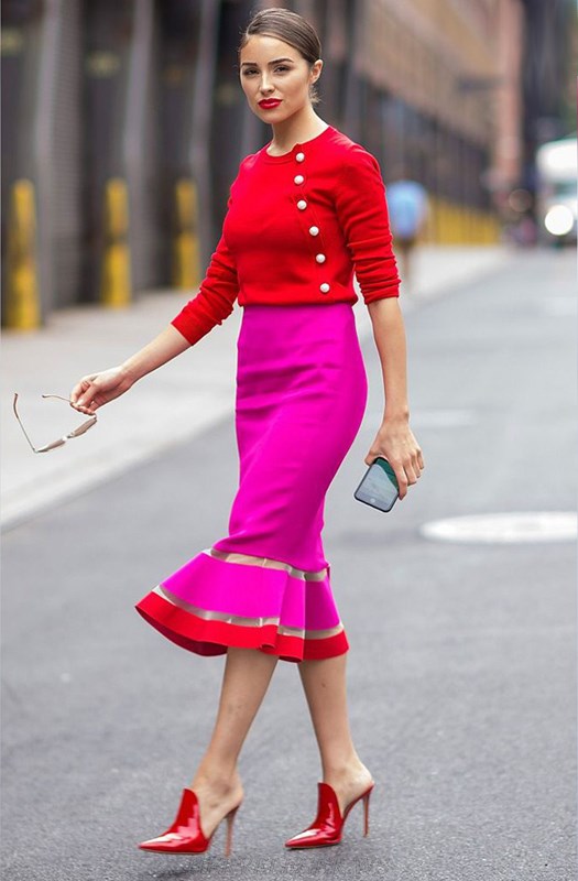Herve Leger Pink Red Long Sleeve Fluted Two Piece Dress