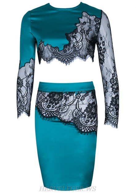 Herve Leger Turquoise Long Sleeve Lace Two Piece Satin Dress