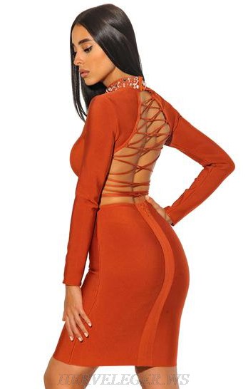 Herve Leger Rust Long Sleeve Lace Up Embellished Dress