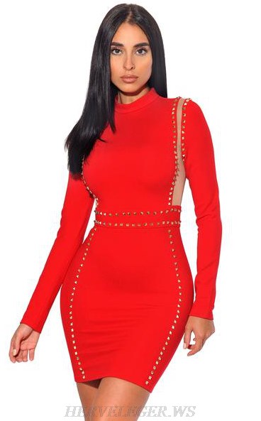 Herve Leger Red Long Sleeve Mesh Studded Dress