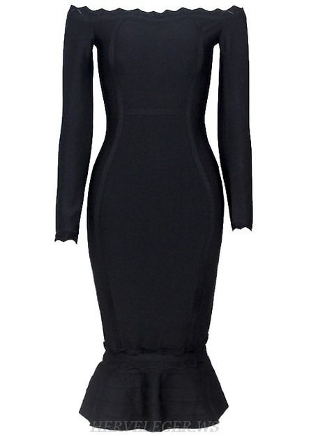 Herve Leger Black Long Sleeve Scalloped Bardot Fluted Strapless Dress