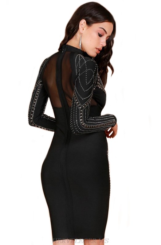 Herve Leger Black Long Sleeve Studded Dress