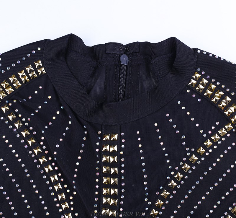 Herve Leger Black Long Sleeve Studded Dress