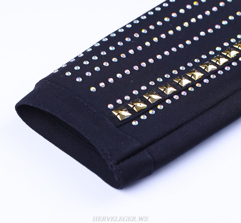 Herve Leger Black Long Sleeve Studded Dress