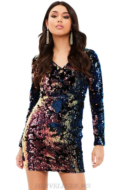 Herve Leger Long Sleeve V Neck Sequin Dress