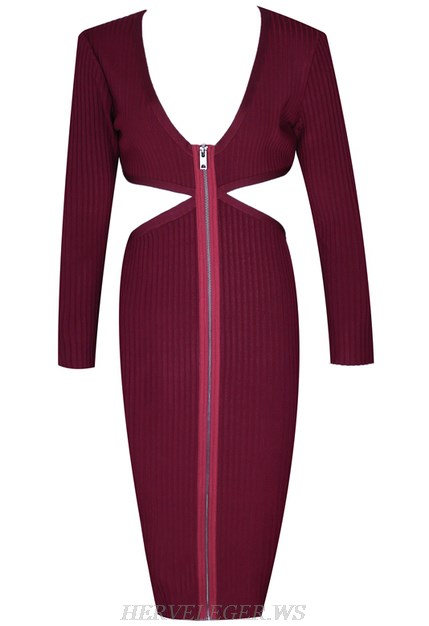 Herve Leger Burgundy Long Sleeve Zipper Dress Herve Leger Burgundy Long Sleeve Zipper Dress
