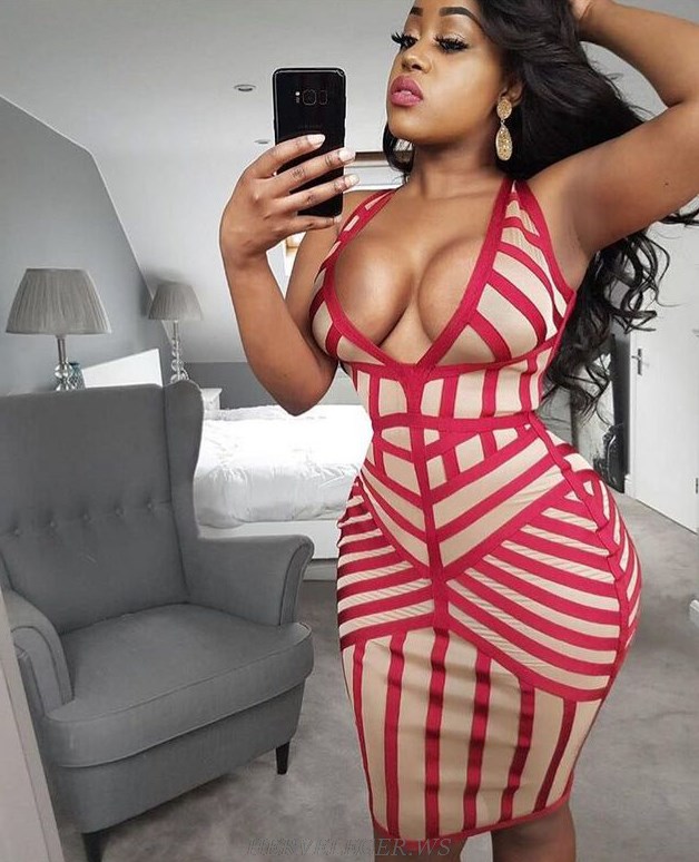 Herve Leger Red V Neck Mesh Panel Dress
