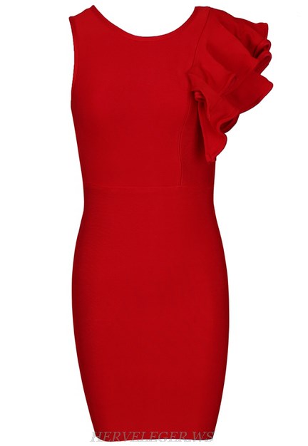 Herve Leger Red Asymmetric Ruffle Detail Dress
