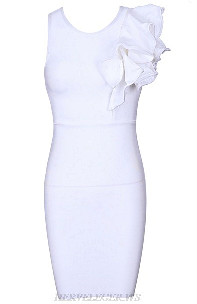 Herve Leger White Asymmetric Ruffle Detail Dress
