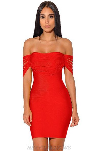 Herve Leger Red Bardot Cut Out Detail Strapless Dress