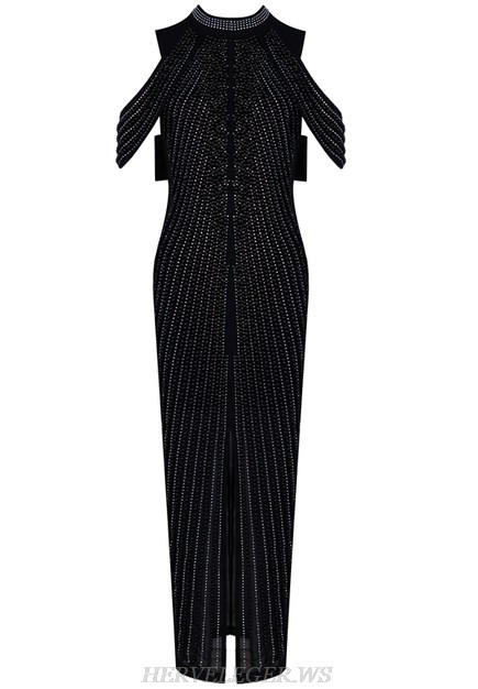 Herve Leger Black Cold Shoulder Embellished Gown