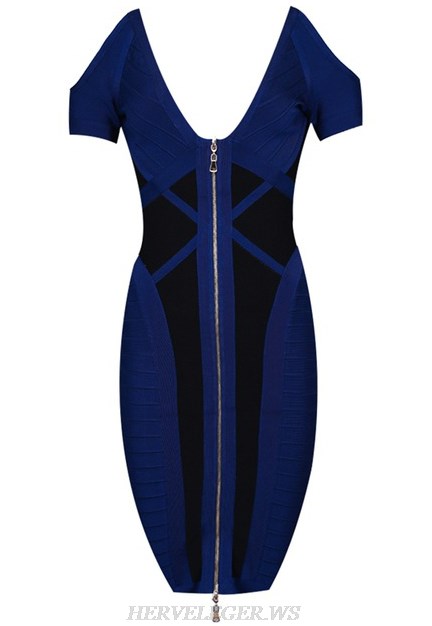 Herve Leger Blue Cold Shoulder Front Zipper V Neck Dress