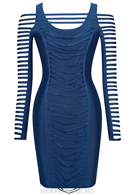 Herve Leger Blue Cut Out Long Sleeve Dress