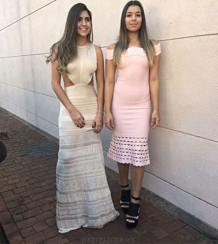 Herve Leger Pink Geo Bardot Fluted Dress