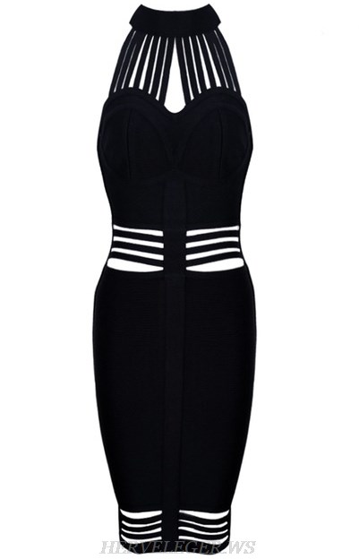 Herve Leger Black Halter Strappy Cut Out Dress