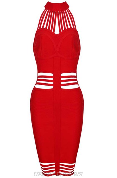 Herve Leger Red Halter Strappy Cut Out Dress
