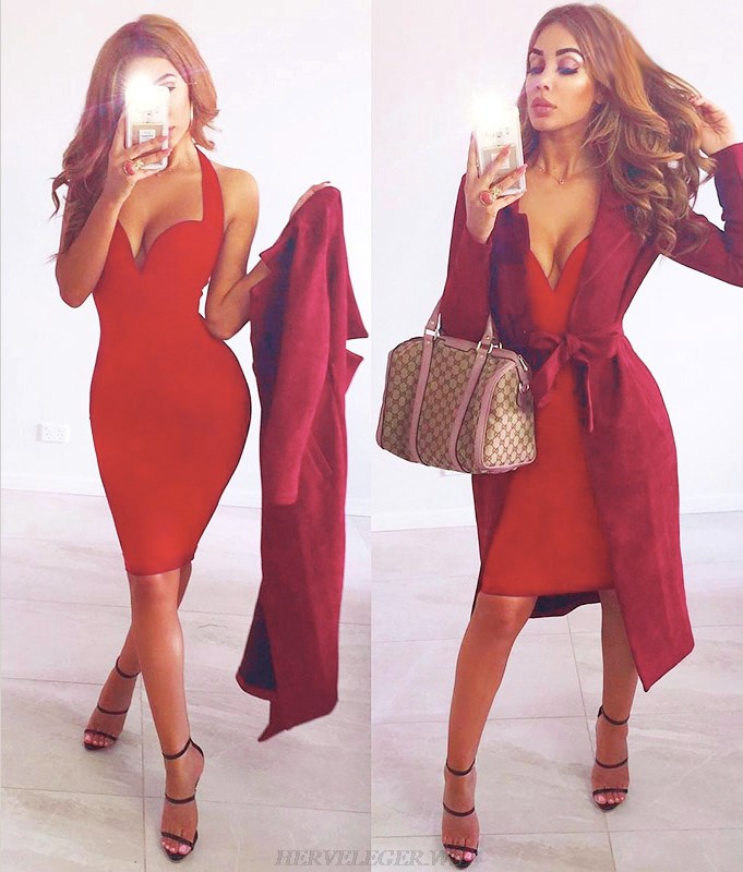 Herve Leger Red V Neck Halter Sweetheart Dress