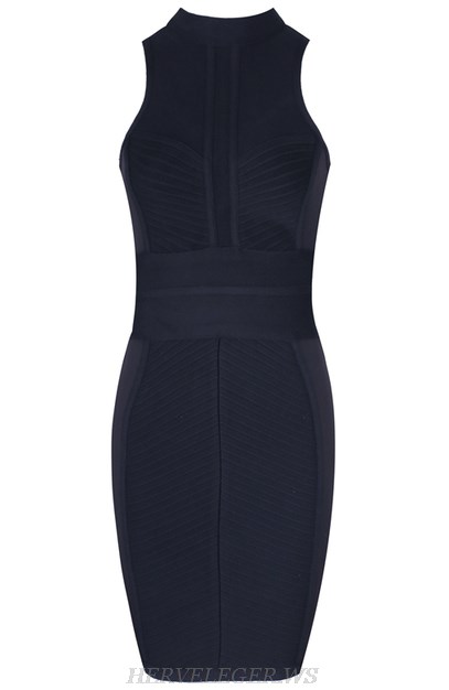 Herve Leger Black High Neck Mesh Insert Dress