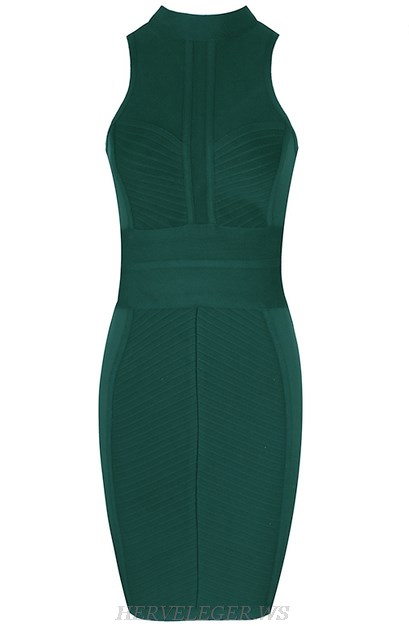 Herve Leger Green High Neck Mesh Insert Dress