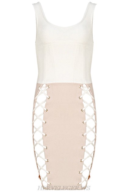 Herve Leger White Nude Lace Up Detail Colorblock Dress