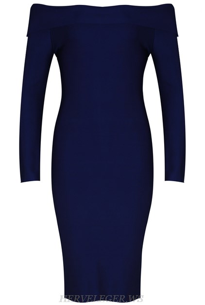 Herve Leger Midnight Blue Long Sleeve Bardot Dress
