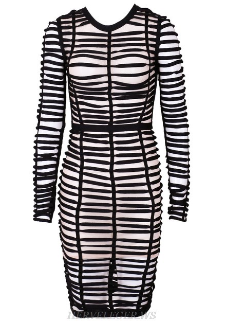 Herve Leger Black Long Sleeve Caged Mesh Dress