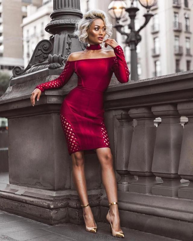 Herve Leger Burgundy Long Sleeve Choker Bardot Strapless Dress