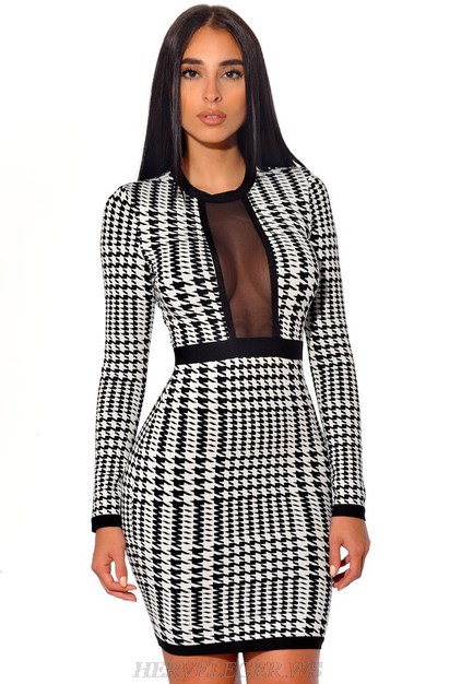Herve Leger Black And White Long Sleeve Houndstooth Dress