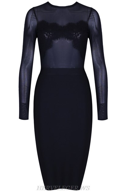 Herve Leger Black Long Sleeve Mesh Lace Dress