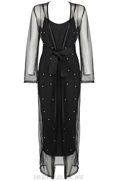 Herve Leger Black Long Sleeve Mesh Overlay Dress