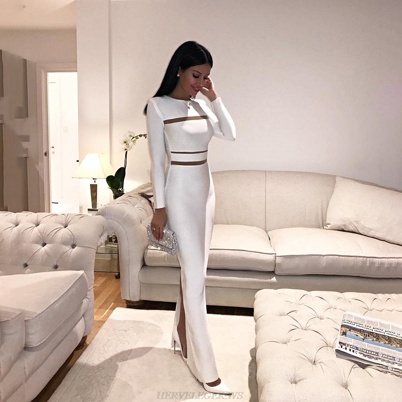 Herve Leger White Long Sleeve Mesh Panel Gown