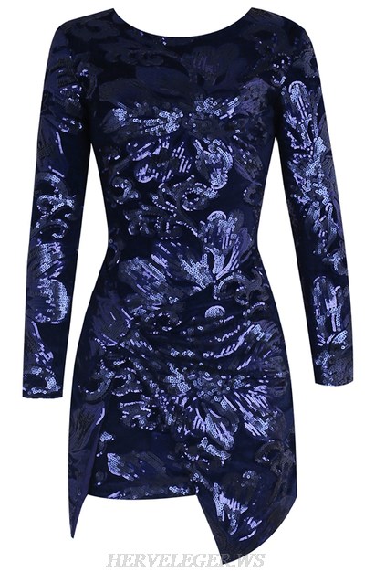 Herve Leger Blue Long Sleeve Sequin Velvet Dress